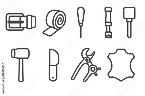 Leatherworking Tools Icons. Line style icons of Leatherworking: Buckle, Leather Strap, Awl, Stamping Tool, Mallet, Cutting Knife,