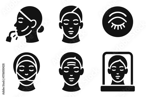 Facial Sculpting Icons. Solid style icons of facial pneumatic sculpting: cheek lift icon, jawline contour glyph, eye area pulse