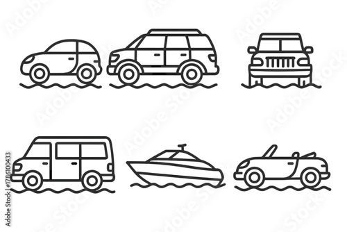 Amphibious Vehicle Icons. Line style icons of amphibious vehicle types: compact 2-seater car, family SUV amphibious, rugged 4x4