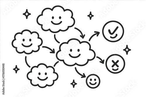 Joyful Argument Mapping. Joyful doodle argument mapping with happy nodes and arrows, cartoon thought bubbles connecting points,