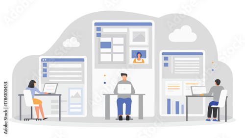 Diverse team of people working remotely on laptops and computers in a modern office setting with digital interfaces displayed