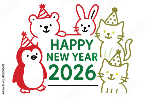 Cute cartoon illustration of a happy bear bunny penguin and two cats wearing party hats celebrating the arrival of the new year 2026 with festive decorations
