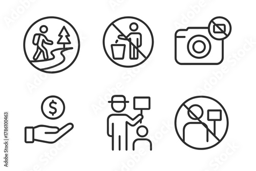 Responsible Travel Icons. Line style icons of responsible travel behavior: stay on path icon, no litter badge, photography rules