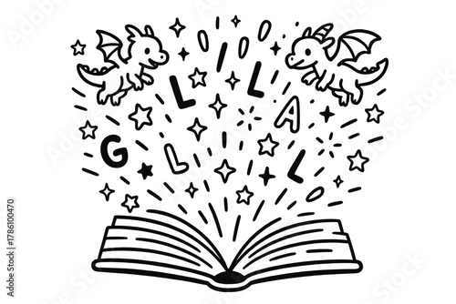 Magical Book Unleashed. Whimsical enchanted book opening with stars, tiny dragons, and glowing letters flying out, black and white