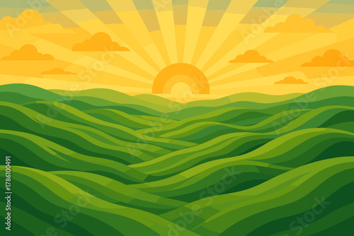 Golden Sunrise Hills. Scenic aerial view of rolling green hills under a vector illustration golden sunrise, expansive and tranquil