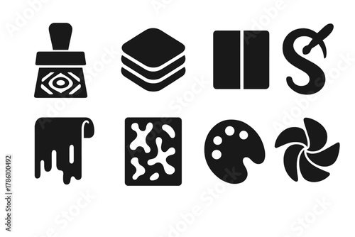 Textile Design Icons. Solid style icons of textile design with dyes: pattern dye brush icon, layered hue badge, color block panel.