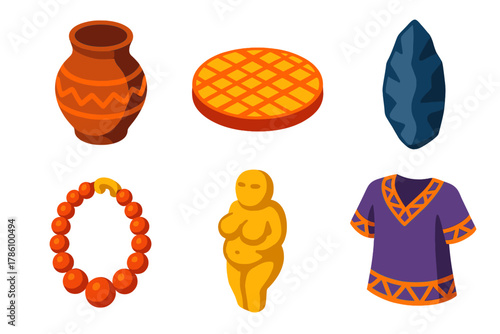 Material Culture Icons. Isometric vector illustration set Material Culture: clay pottery, woven mat, stone tool, bead necklace,
