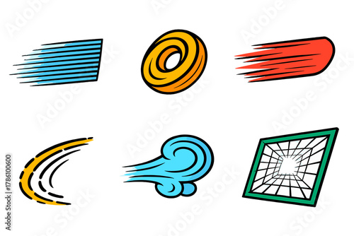 Dynamic Comic Elements. Isometric vector illustration set Comic book elements – speed lines cluster, swirl motion, whip pan blur;