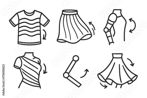 Motion in Fashion Icons. Line style icons of motion in printed fashion: ripple motion garment, flowy mesh skirt, articulated arm