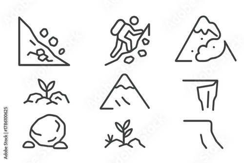 Extreme Mountain Line Icons. Line style icons of Extreme Scree: Steep Slope, Loose Rock, Mountain Climber, Boulder, Avalanche Risk