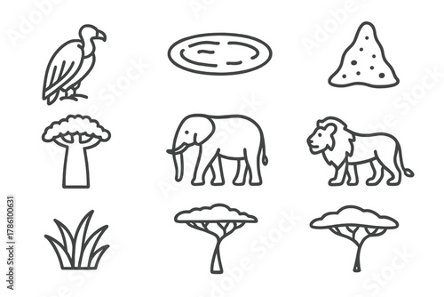 Savanna Line Icons. Line style icons of Savanna: Vulture, Watering Hole, Termite Mound, Baobab Tree, Elephant, Lion, Grass Tuft,
