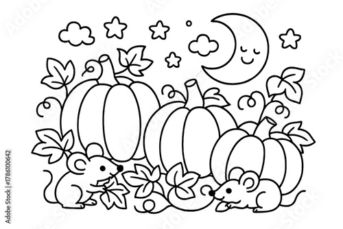 Pumpkin Patch Coloring Scene. Cartoon pumpkin patch with vines, leaves, and mice nibbling nearby under a smiling moon, black and