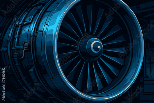Jet Engine Close-up. Dynamic close-up of a jet vector illustration engine turbine illuminated by soft blue light, bold and