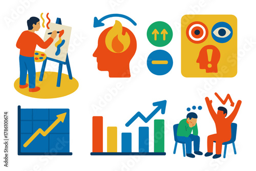 Optimal Challenge Psychology. Isometric vector illustration set Psychology of optimal challenge: painter immersed in work, flow