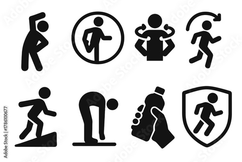 Pre-Race Prep Icons. Solid style icons of pre-race prep and warm-up: stretch backward arm icon, calf pull pose badge, shoulder