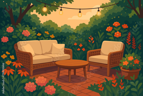 Serene Garden Patio. Serene garden patio with comfortable seating surrounded by colorful flowers, soft warm lighting, tranquil and