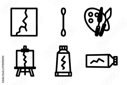 Antique Restoration Tools. Line style icons of Antique Restoration: cracked oil painting, cotton swab tool, retouch pigments,