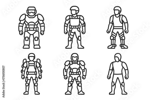 Military Exoskeleton Icons. Line style icons of military exoskeletons: armored exosuit, tactical mobility enhancer, powered leg