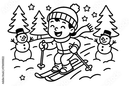 Joyful Skiing Adventure. Joyful skier sliding down snowy hills with trees, stars, and playful snowmen waving, black and white line