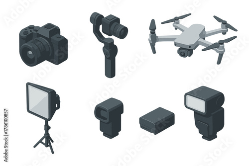 Photography Equipment Set. Isometric vector illustration set of Camera and Photography: mirrorless camera, gimbal stabilizer, zoom