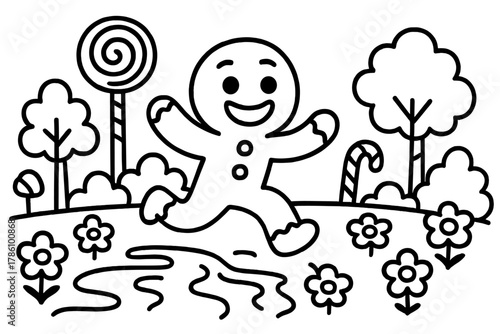 Gingerbread Man Escapade. Funny gingerbread man running through a candy forest with chocolate rivers and candy flowers, black and