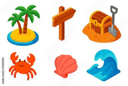 Treasure Island Icons. Isometric vector illustration set Storytelling icons – treasure island, palm trees, sandy shore; wooden