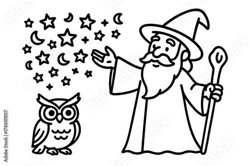 Wizard's Enchanting Spell. Wise wizard casting a spell with stars, moons, and a friendly owl by his side, black and white line art