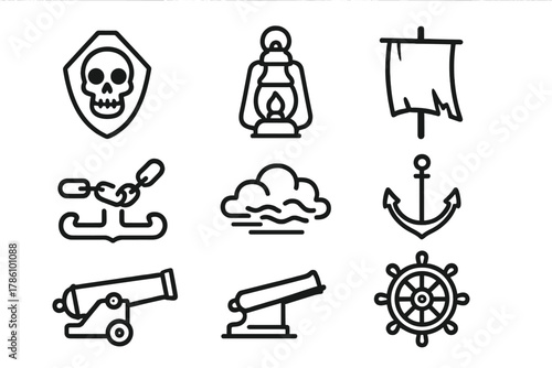 Cursed Ship Symbols. Line style icons of Cursed Ship: Skull Emblem, Lantern, Tattered Sail, Chains, Anchor, Fog, Cannon, Captain’s