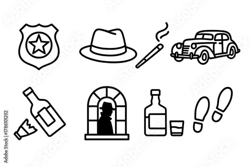 Film Noir Icons. Line style icons of Film Noir: Detective Badge, Fedora Hat, Cigarette Holder, Classic Car, Broken Bottle,