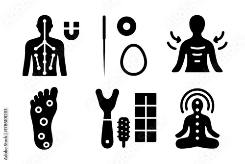 Acupuncture Magnet Therapy Icons. Solid style icons of acupuncture + magnet therapy: meridian chart with magnet points, needle +
