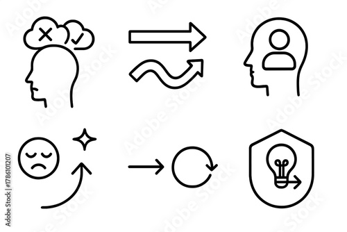 Design Thinking Icons. Line style icons of mindset shifts in design thinking courses: problem to possibility icon, fixed to growth