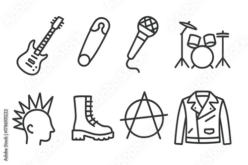 Punk Rock Icons. Line style icons of Punk Rock: Guitar, Safety Pin, Microphone, Drum Set, Spiked Hair, Boots, Anarchy Symbol,