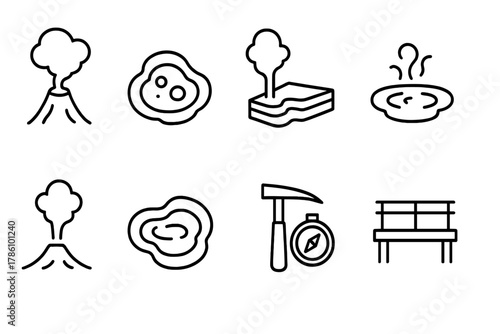 Thermal Geyser Icons. Line style icons of Thermal Geyser: Fumarole, Mud Pool, Silica Deposit, Boiling Water, Steam Vent, Hot
