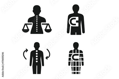 Biomagnetic Harmony Icons. Solid style icons of biomagnetic alignment: spine balance symbol, body-magnet harmony, chakra flow