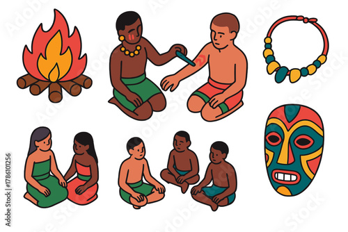Rites of Passage Icons. Isometric vector illustration set Rites of Passage: initiation fire, symbolic tattoos, ritual necklace,