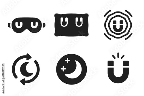 Magnetic Sleep Icons. Solid style icons of sleep and energy magnets: sleep mask with magnets, relaxation pillow, calming field