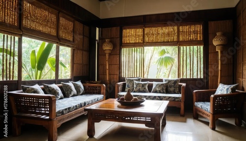 Elegant Interior Design A Tranquil Living Room with Wooden Furniture and Natural Light