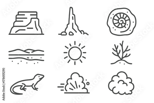 Desert Icons. Line style icons of Desert Badlands: Sandstone Cliff, Rock Spire, Fossil, Arid Plain, Sun, Dry Shrub, Lizard, Dust