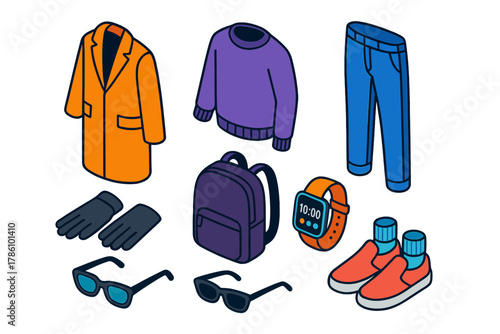 Chic Street Style. Isometric vector illustration set Street fashion – minimalist monochrome coat, tailored trousers, crewneck