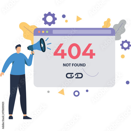 Man announces 404 error page not found with megaphone  flat illustration