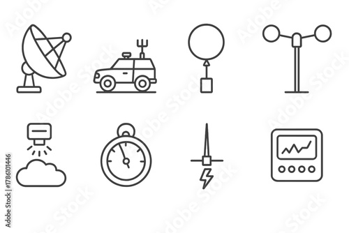 Weather Research Icons. Line style icons of Weather Research: Radar Dish, Storm Chaser, Weather Balloon, Anemometer, Cloud Sensor,