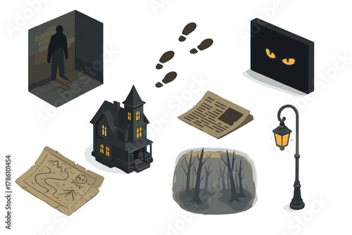 Urban Legends Mysteries. Isometric vector illustration set of Urban legends: shadowy figure in alley, mysterious footprints,