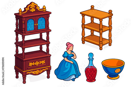 Antique Furniture Icons. Isometric vector illustration set Antique furniture – Victorian étagère, open shelves, turned supports;