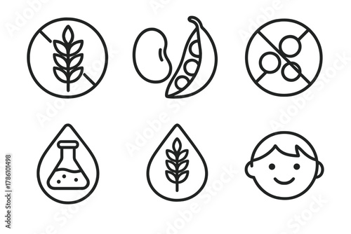 Dietary Adaptation Icons. Line style icons of dietary adaptations: paleo-friendly grain, vegan protein source, low-allergen badge,
