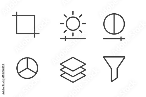 Photo Editing Icons. Line style icons of photo editing: crop tool frame, brightness adjustment bar, contrast slider icon, color