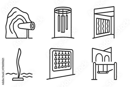 Sound Sculpture Icons. Line style icons of site-specific sound sculptures: canyon echo tube, tower chime ring, underpass vibration