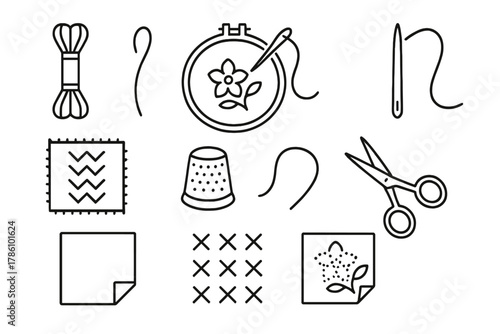 Embroidery Line Icons. Line style icons of Embroidery: Floss, Hoop, Needle, Sampler, Thimble, Embroidery Scissors, Fabric, Pattern