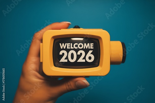 Hand holding a retro viewfinder with a welcome message for the year 2026