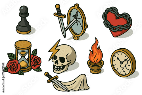Tattoo Symbolism Set. Isometric vector illustration set of Tattoo symbolism: chess piece with shadow, mirror and dagger, chain