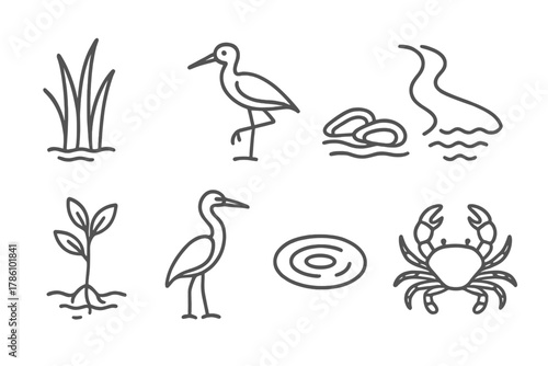 Estuary Line Icons. Line style icons of Estuary: Marsh Grass, Wading Bird, Oyster Bed, River Mouth, Mangrove Seedling, Heron,